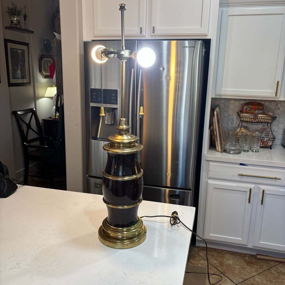 Vintage Stiffel Brass and Dark Brown Enamel Two-Light Table Lamp